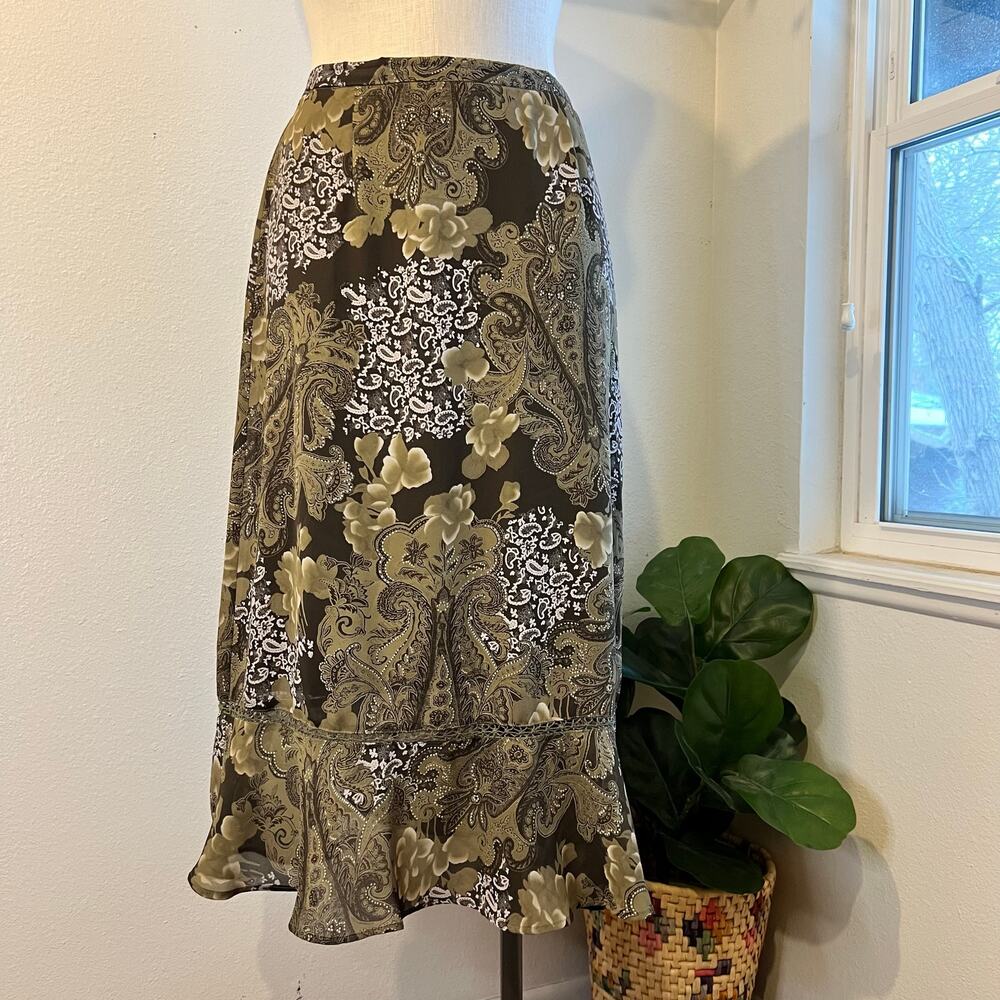 90s Sag Harbor Green Paisley Printed Crochet Ruffle Trim Midi Skirt Size 18/XL